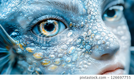 A close-up of the eyes of a face that resembles a human-fish hybrid 126697755