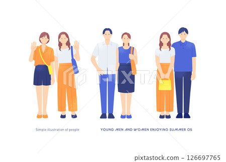 年輕人正在享受夏季郊遊。一對穿著休閒的夫婦和兩個友好的女孩的向量插圖集 126697765