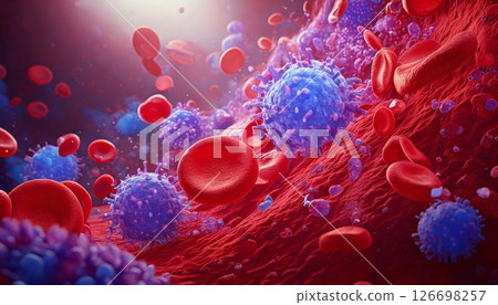 3D illustration of red blood cells, white blood cells, and platelets moving inside blood vessels in the body Medical material 3D illustration of red blood cells, white blood cells, and platelets moving inside blood vessels in the body Medical material 126698257