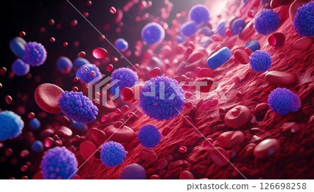 3D illustration of red blood cells, white blood cells, and platelets moving inside blood vessels in the body Medical material 3D illustration of red blood cells, white blood cells, and platelets moving inside blood vessels in the body Medical material 126698258