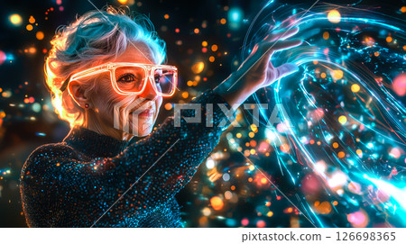 An old woman interacts with a neural network display and the glowing connections of AI. The concept of technology, and the fusion of human intellect with advanced machine learning. Generative AI. 126698365