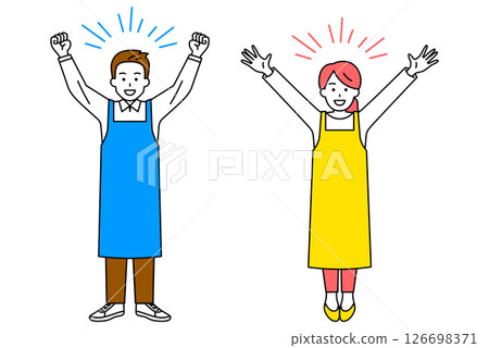 Men and women in aprons celebrating with their arms raised high (full body) Men and women in aprons celebrating with their arms raised high (full body) 126698371