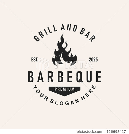 retro vintage concept logo design barbeque bbq grill with simple concept of meat grill, symbol template illustration with fire and spatula design for restaurant brand, bar, cafe, shop retro vintage concept logo design barbeque bbq grill with simple concept of meat grill, symbol template illustration with fire and spatula design for restaurant brand, bar, cafe, shop 126698417