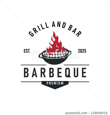retro vintage concept logo design barbeque bbq grill with simple concept of meat grill, symbol template illustration with fire and spatula design for restaurant brand, bar, cafe, shop retro vintage concept logo design barbeque bbq grill with simple concept of meat grill, symbol template illustration with fire and spatula design for restaurant brand, bar, cafe, shop 126698418