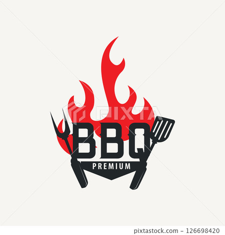 retro vintage concept logo design barbeque bbq grill with simple concept of meat grill, symbol template illustration with fire and spatula design for restaurant brand, bar, cafe, shop retro vintage concept logo design barbeque bbq grill with simple concept of meat grill, symbol template illustration with fire and spatula design for restaurant brand, bar, cafe, shop 126698420