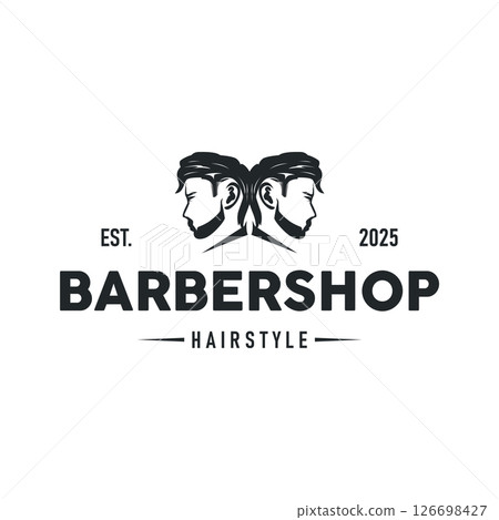 vintage retro modern barbershop logo design, barber shop concept, with cool hair style and silhouette icon of shaving equipment illustration template for product brand, business, and shop vintage retro modern barbershop logo design, barber shop concept, with cool hair style and silhouette icon of shaving equipment illustration template for product brand, business, and shop 126698427