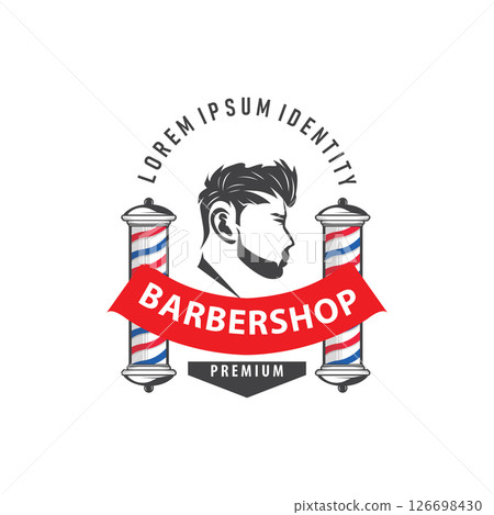 vintage retro modern barbershop logo design, barber shop concept, with cool hair style and silhouette icon of shaving equipment illustration template for product brand, business, and shop vintage retro modern barbershop logo design, barber shop concept, with cool hair style and silhouette icon of shaving equipment illustration template for product brand, business, and shop 126698430
