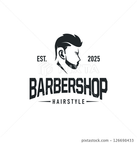 vintage retro modern barbershop logo design, barber shop concept, with cool hair style and silhouette icon of shaving equipment illustration template for product brand, business, and shop 126698433