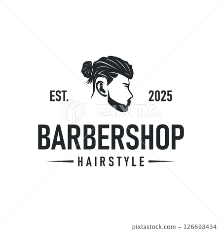 vintage retro modern barbershop logo design, barber shop concept, with cool hair style and silhouette icon of shaving equipment illustration template for product brand, business, and shop 126698434