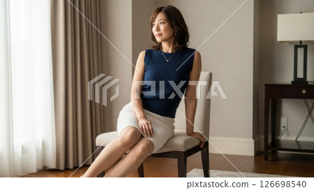 An elegant Japanese woman gazing into the distance by the window 126698540