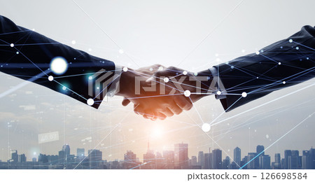Collage of business people shaking hands and network 126698584