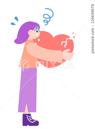 一名女子抱著一顆破碎的心臟哭泣的插圖 |情感痛苦和情感表達、心碎、治愈 126698679