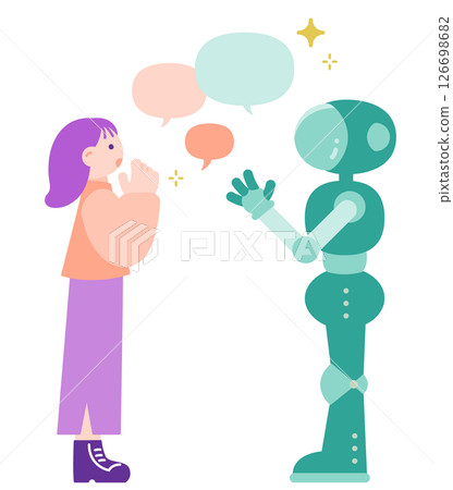 一位女士向人工智慧機器人諮詢的側面插圖:未來主義的溝通方式 一位女士向人工智慧機器人諮詢的側面插圖:未來主義的溝通方式 126698682
