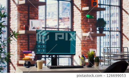 AI LLM chatbot software interface on PC in home office showing virtual assistant answering prompts. Large language model program on PC communicating with user through artificial intelligence, closeup 126699053