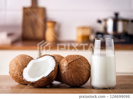 Coconut and coconut milk on a wooden table 126699098