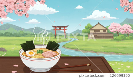 日本風景和拉麵的可愛插圖 126699390