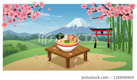 日本風景和拉麵的可愛插圖 126699469