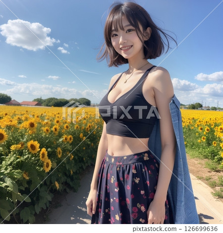 在向日葵田中擺姿勢。 在向日葵田中擺姿勢。 126699636