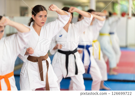Women in a white kimono in training on a map 126699722