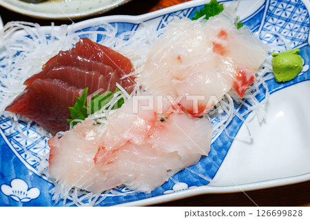 Bigeye snapper and yellowfin tuna sashimi. Delicious dinner at a guesthouse. Hirizo Hama Nakagi Minamiizu Town Izu Peninsula Shizuoka Prefecture 2024 126699828