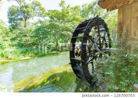 <安曇野>大王山葵農場的水車和美麗溪流的壯麗景色 126700703