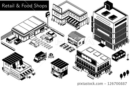 便利商店和超市商店外部佈景，簡單的黑白線等距插圖 126700887