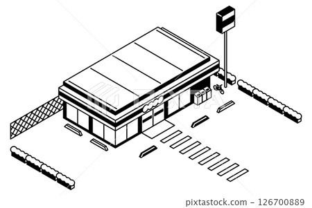 停車場沒有汽車的便利商店,簡單的黑白線條等距插圖 停車場沒有汽車的便利商店,簡單的黑白線條等距插圖 126700889