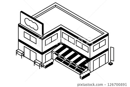 兩層超市或藥局的圖像,簡單的黑白線等距插圖 兩層超市或藥局的圖像,簡單的黑白線等距插圖 126700891