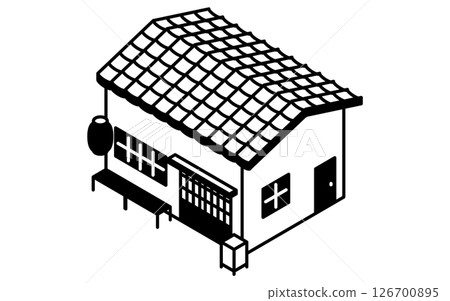 Japanese-style izakaya with a tiled roof and sliding doors with retro red lanterns, simple black and white line drawing isometric illustration 126700895