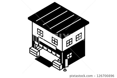 帶有暖簾的私人商店的簡單黑白線等距插圖 126700896