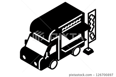 廚房車,簡單的黑白線等距圖 廚房車,簡單的黑白線等距圖 126700897