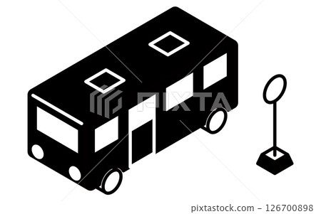 公車和公車站,簡單的黑白線等距插圖 公車和公車站,簡單的黑白線等距插圖 126700898