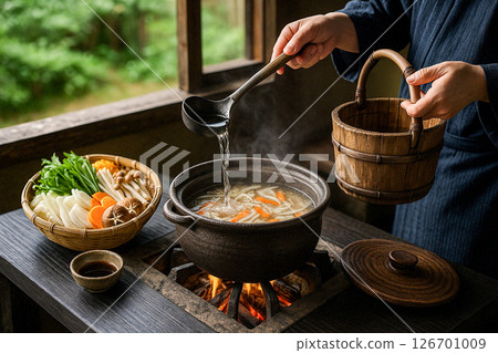 A traditional Japanese meal, a hotpot of yosenabe in a clay pot and the moment the broth is poured 126701009