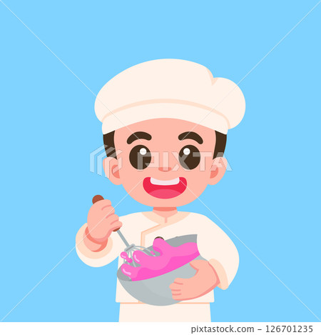 Cute Cartoon Boy Chef Mixing Dough Character design Cute Cartoon Boy Chef Mixing Dough Character design 126701235