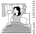 Stock Illustration: A woman waking up in bed bathed in the morning sun through the window 126701345