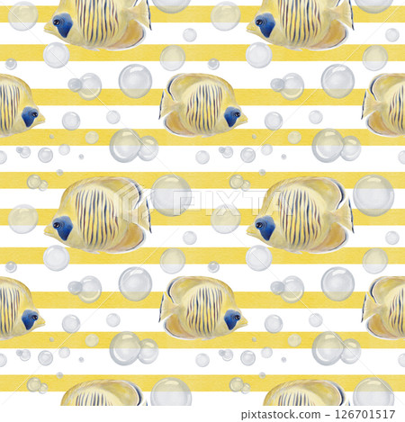 Seamless pattern with angelfish. Big yellow tropical fish with blue stripes. Lots of puffers. Yellow stripes on the background. Geometric pattern. Watercolor illustration. Hand drawn. Seamless pattern with angelfish. Big yellow tropical fish with blue stripes. Lots of puffers. Yellow stripes on the background. Geometric pattern. Watercolor illustration. Hand drawn. 126701517