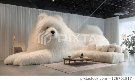 Fantastic interior of living room with huge white Samoyed dog shaped sofa 126701817