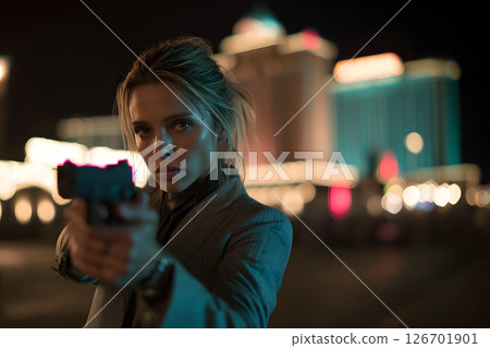 A tense scene of a woman holding a gun in a city at night 126701901