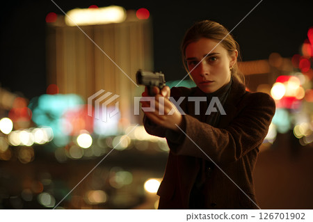 A tense scene of a woman holding a gun in a city at night 126701902