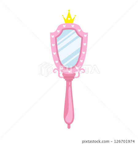 Princess mirror. Elegant handheld mirror with gold crown. Beauty tale. Teen and child girl self care accessory. Vector illustration in flat cartoon style 126701974