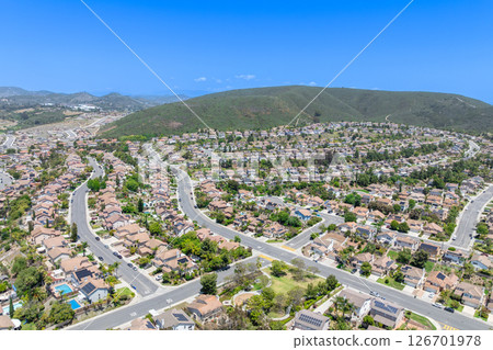 Aerial view of San Marcos neighborhood, with houses and street. South California 126701978
