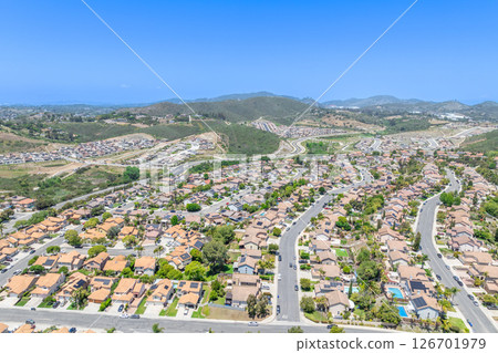 Aerial view of San Marcos neighborhood, with houses and street. South California 126701979