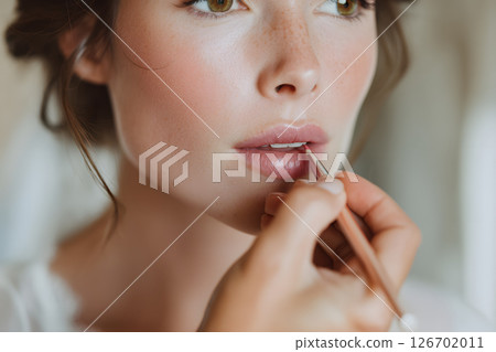Beautiful close-up of a woman's mouth being applied with lipstick by a makeup artist 126702011