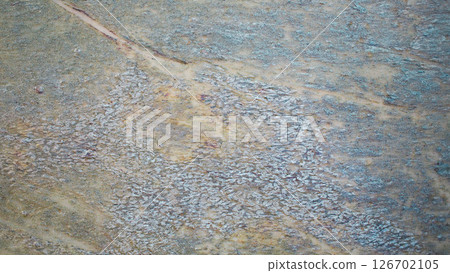 Close-up of a rough natural stone surface with blue and gold mineral layers and organic patterns. Ideal for use as texture backgrounds or natural material references 126702105