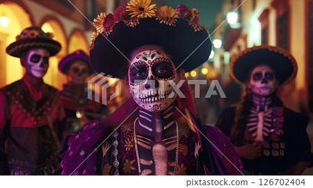 A group of people celebrating Day of the Dead. They wear traditional costumes and face paint resembling skulls. Colorful decorations and flowers are present. 126702404