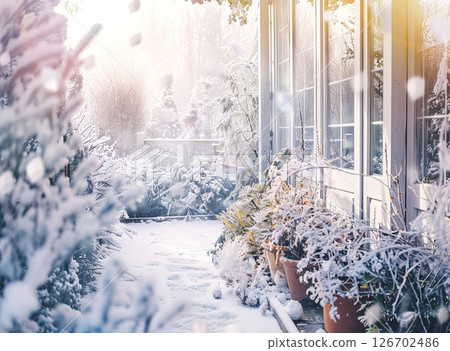 A snowy garden path leads to a glass conservatory. Snow covers the ground and plants, creating a serene winter scene. Soft sunlight filters through the trees. 126702486