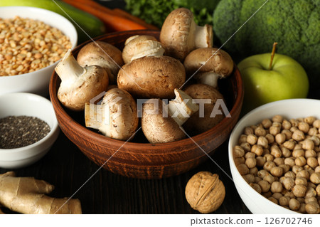 Set of vegan protein products on dark wooden background, close up 126702746
