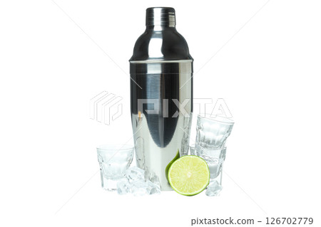 PNG, Metal shaker with fresh lime, isolated on white background PNG, Metal shaker with fresh lime, isolated on white background 126702779