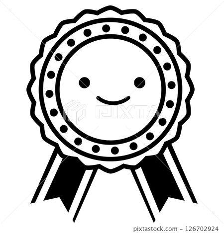帶臉的可愛獎章圖標，單色線條畫（向量素材） 126702924