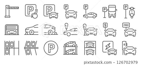 Car parking icon set. It included electric car charging, motorcycle parking, bus parking and more icons.  126702979